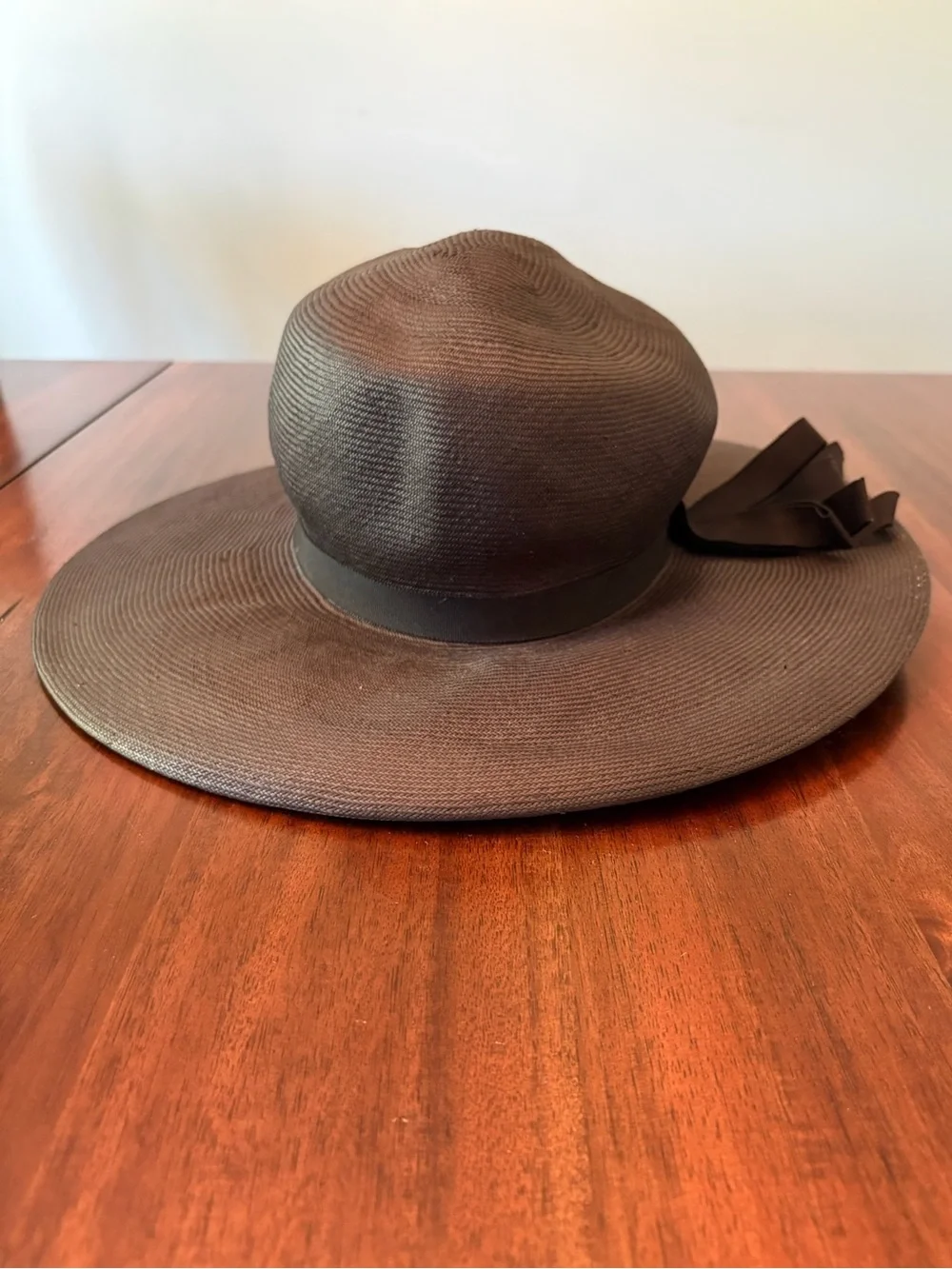 Vintage Miss Eileen Black Straw Hat Wide Brim 1970s Ribbon Derby Sun Hat